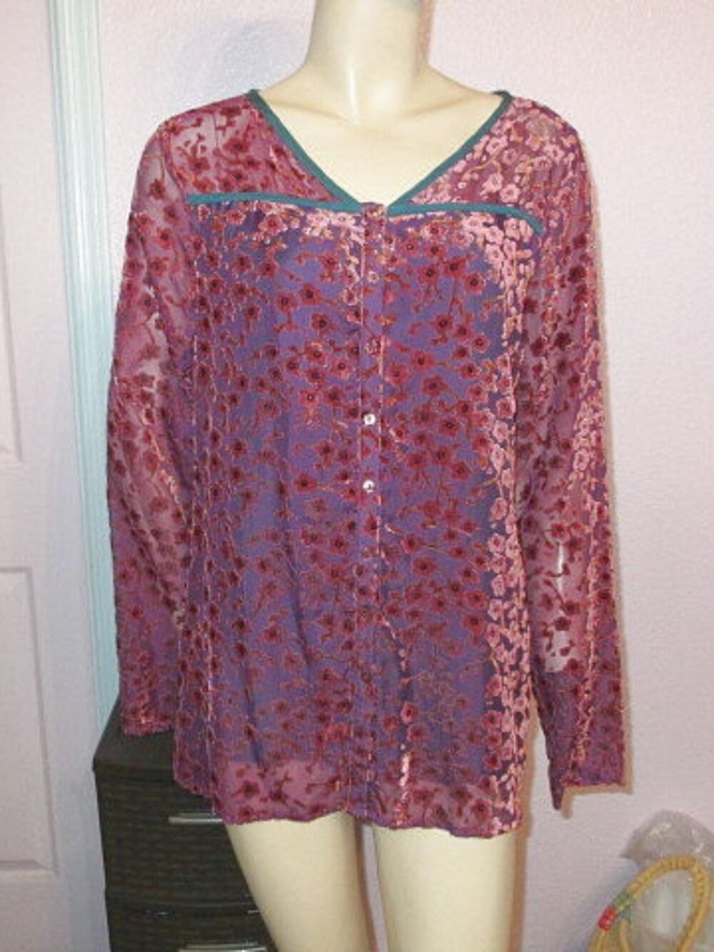 Sundance Velvet Burnout Blouse Top Size M Sheer Button Floral Fairy Whimsigoth